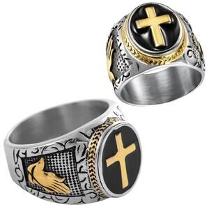 Size 8 Stainless Steel w/ Gold pvd Accents of Holy Cross Prayer Ring